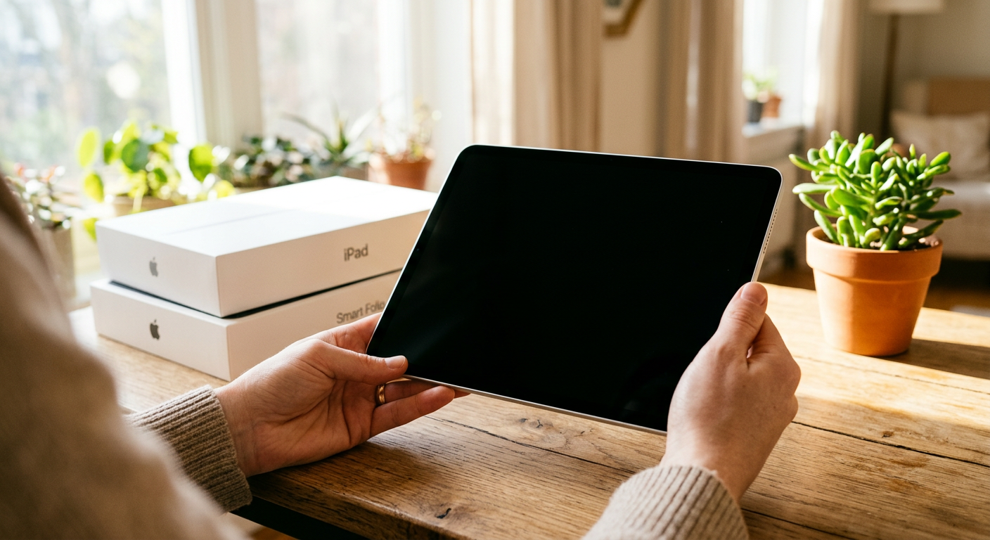 Hands holding a tablet over a desk with tablet boxes