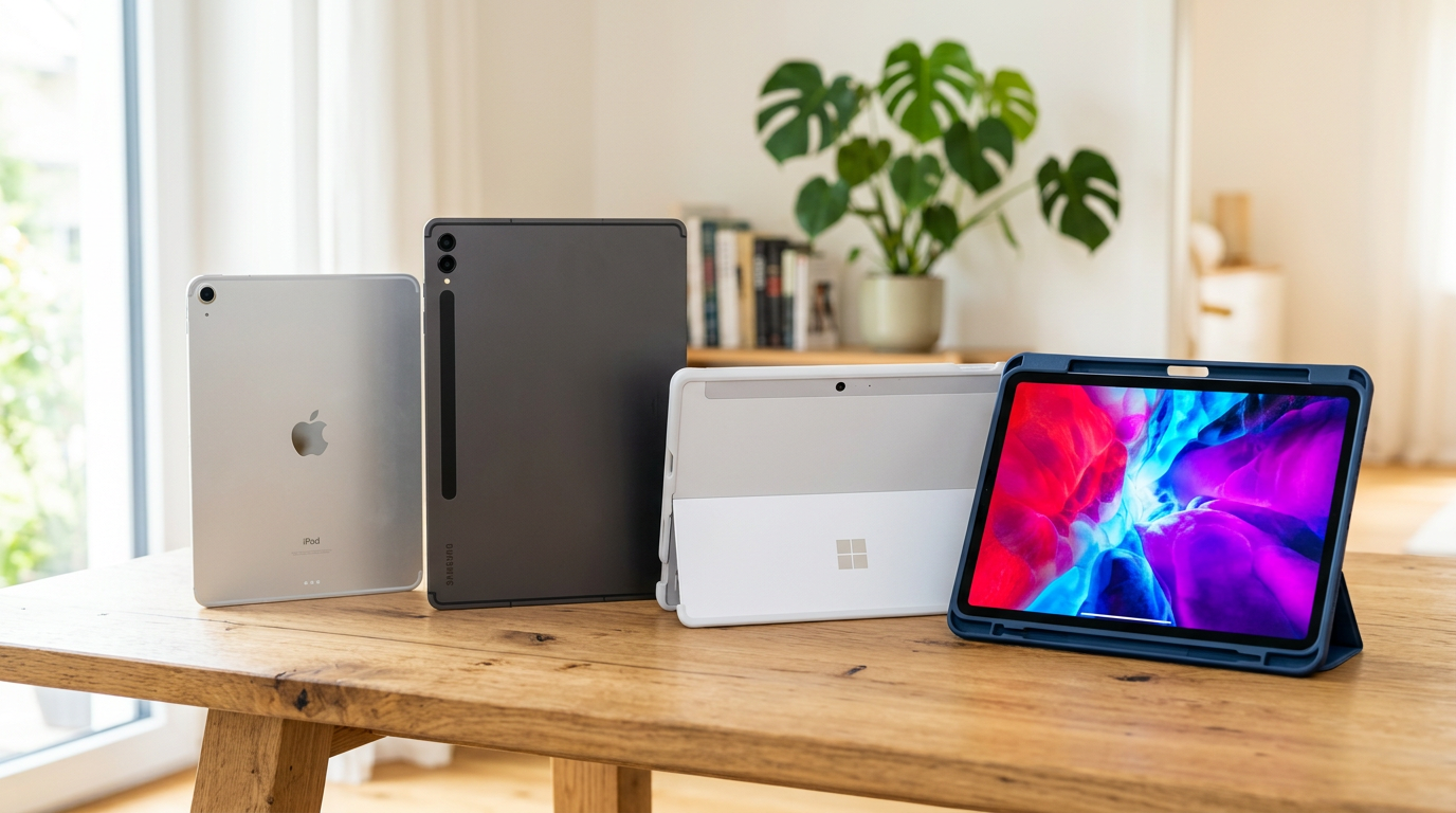 Several tablets of different brands standing on a table